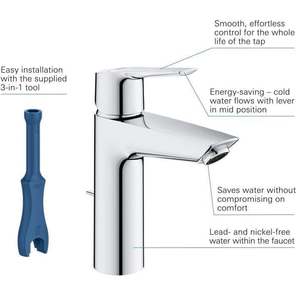 GROHE Basin Mixer Tap - Quickfix Start 2021 - Size M - Chrome - Pop-Up Waste