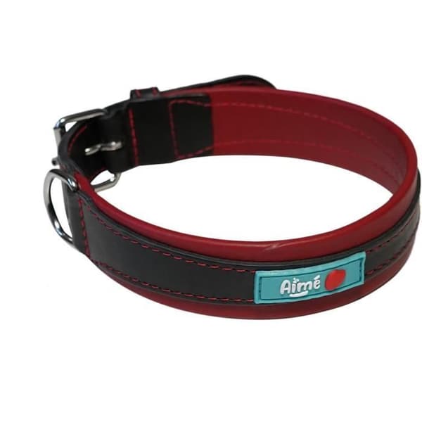 AIMÉ Dog Collar - Basic Leather - Cowhide/Lambskin - Size L 43-52 cm - Black/Red
