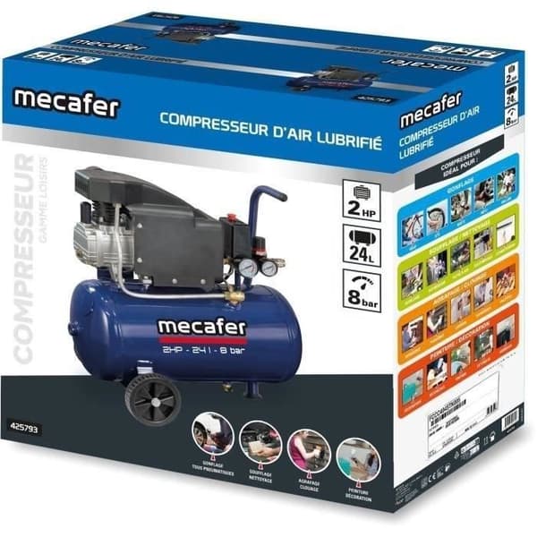 MECAFER Compressor - 425793 - Blue - 24 L - 2 HP - Max Pressure 8 Bar 2HP