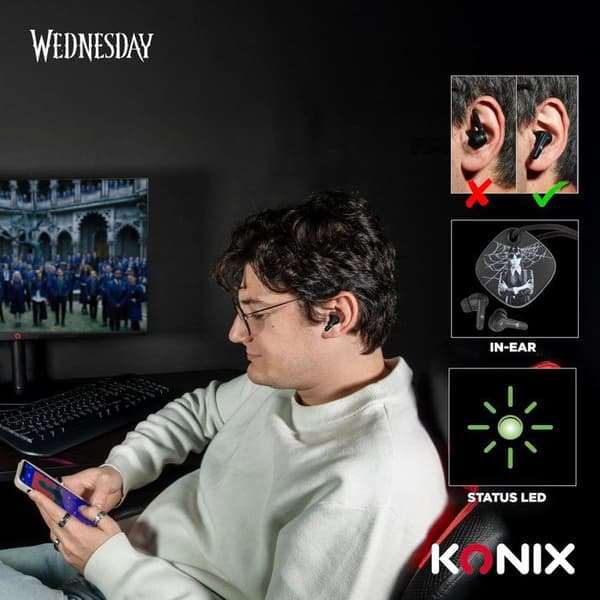 Konix Wireless Earbuds - Wednesday - 6h Battery + 22h Case - IPX4 - Black