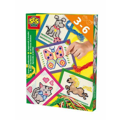 SES Creative I Learn Embroidery Set for Kids - 4 Pre-Printed Cards, Needle, Thimble, Thread