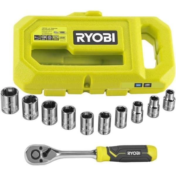 RYOBI 90-Tooth Wrench Set - 8 Sockets (8-15 mm) & Adapter - RHRS10PC