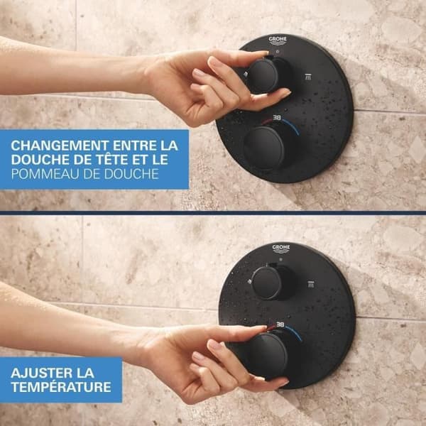 GROHE Concealed Shower Set with Thermostatic Mixer - 1 + 2 Spray Patterns - Black - 348832430