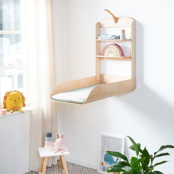 ROBA Wall-Mounted Folding Changing Table - Natural Wood - Integrated Shelves