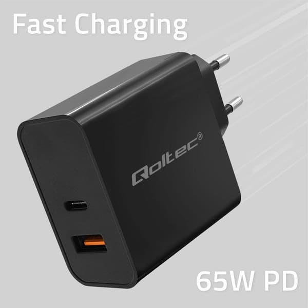 Qoltec 52380 Super Quick PD Charger 1xUSB-C 1xUSB 65W Black