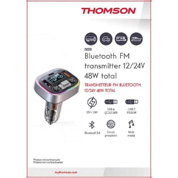 THOMSON Bluetooth FM Transmitter V5.4 - 12/24V - 48W - QC 3.0 & PD 30W