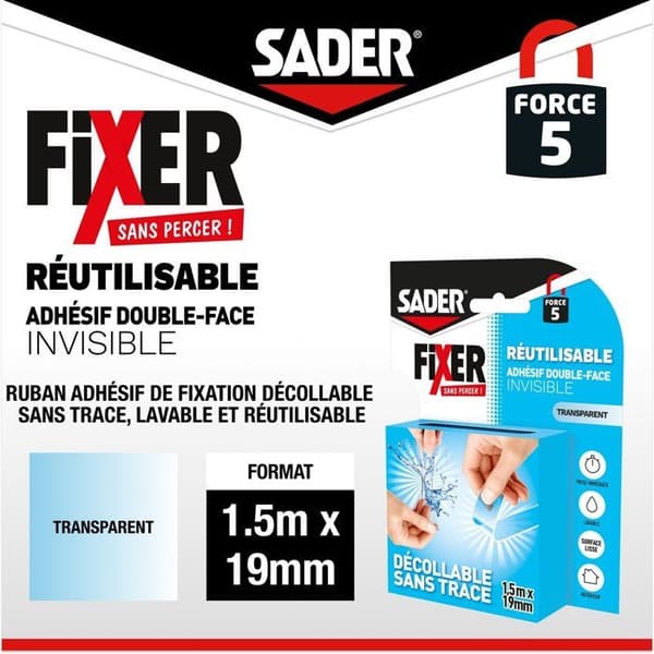SADER Extra Double-sided Adhesive - Fix Without Drilling - Invisible - Removable/Reusable - Transparent - 1.5 m x 19 mm
