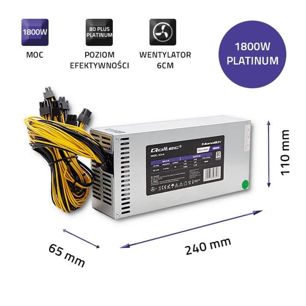 Qoltec PCI-E Power Supply 1800W 80 Plus Platinum for Mining