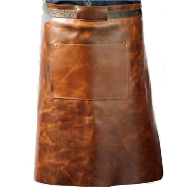 Vitello Leather Barbecue Apron with Pocket 60 cm Blue