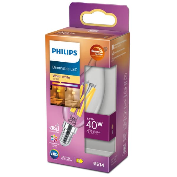 Philips LED Classic 40W BA35 E14 Clear Dimmable 15,000 Hours Wgd90 Srt4