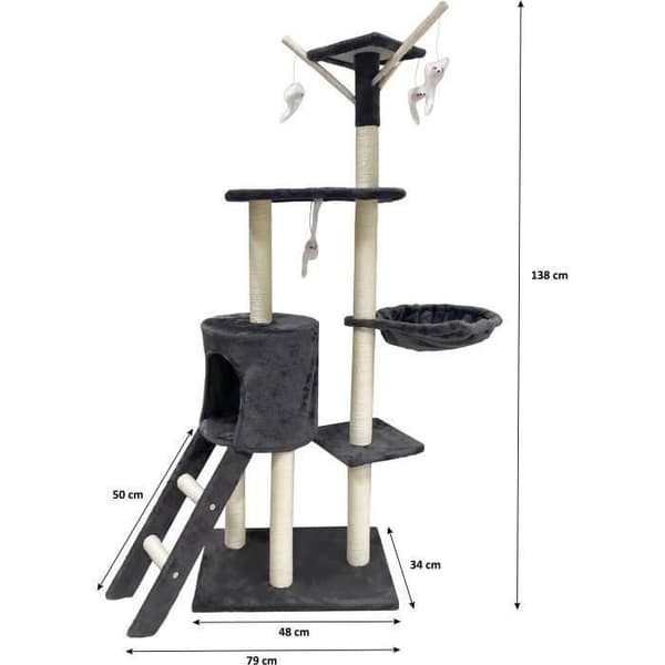 JIPSY Dark Grey Cat Tree - 79 x 34 x 138 cm - 3 Platforms, 1 Perch, 1 Hideaway, 1 Staircase, Scratching Posts