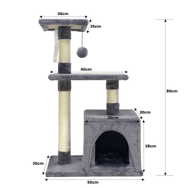 POPPY Cat Tree 50 x 30 x 80 cm - 2 Platforms, 1 Hideaway, Scratching Posts - Grey - ALC07