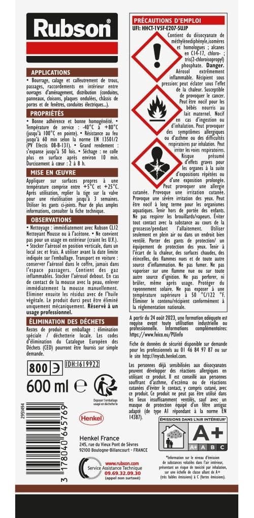 RUBSON Fire-Resistant Expanding Foam Aerosol - CF 90 - 600 ml