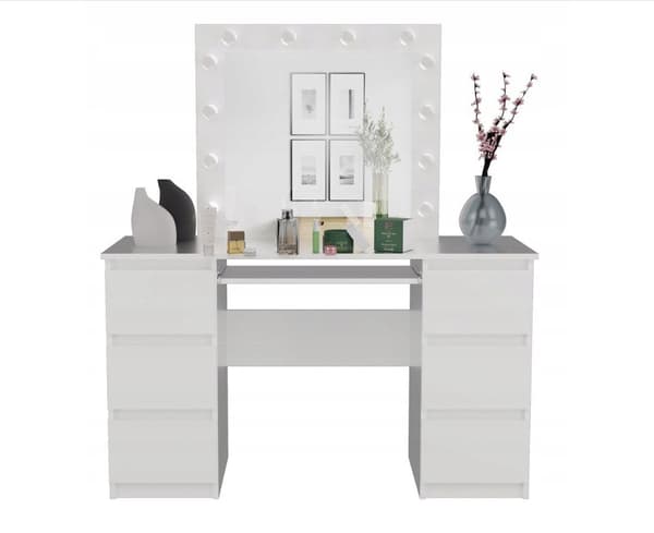 KUBA Desk Set White Matt + MARINA Mirror, Elegant Dressing Table with LED Lighting