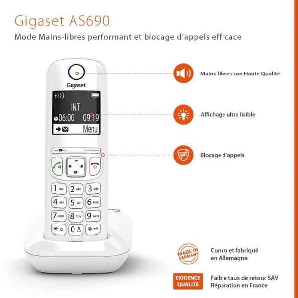 GIGASET AS690 Cordless Phone - White - High-Performance Hands-Free, Call Blocking