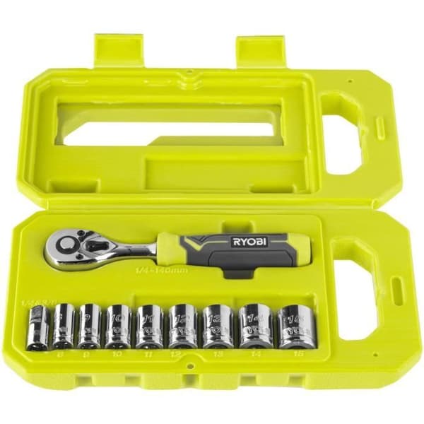 RYOBI 90-Tooth Wrench Set - 8 Sockets (8-15 mm) & Adapter - RHRS10PC