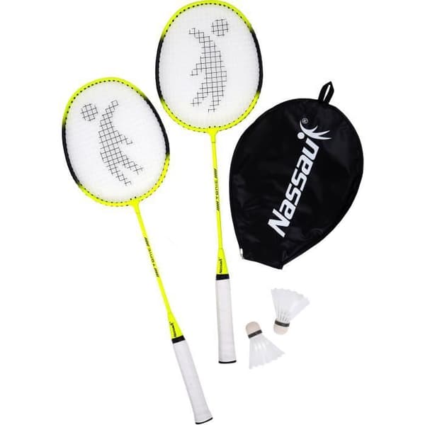 NASSAU Badminton Set - Neon - 2 Steel Rackets - 2 Plastic Shuttlecocks