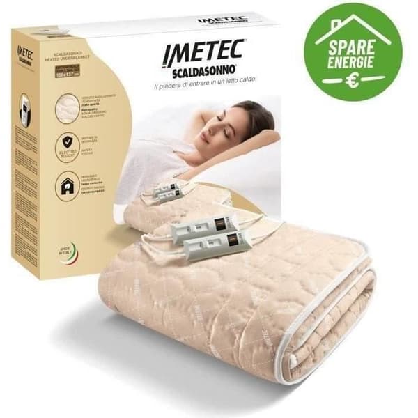 Imetec Heated Blanket - Double Bed, 150x137cm - 2 Controls, 2 Temperature Settings - Washable
