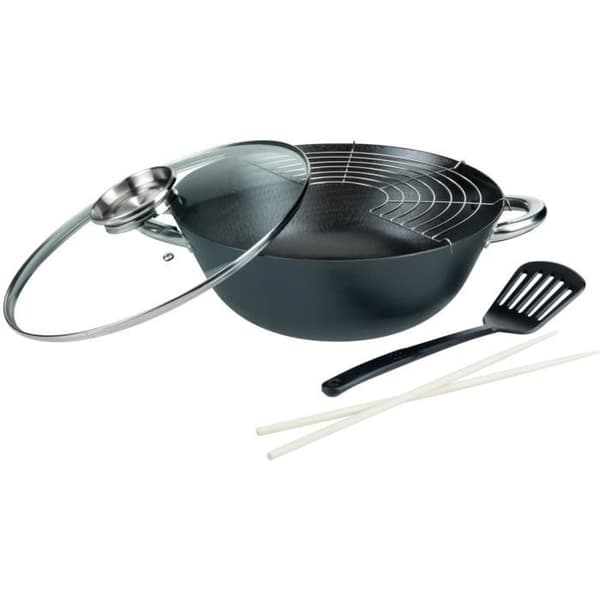GSW Multi-function Wok Set - Cast Iron - 32 cm - Suitable for All Hobs Including Induction 5-piece