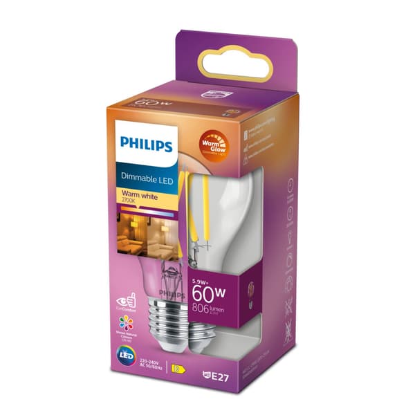 Philips LED Classic 60W A60 E27 Clear Dimmable 15,000 Hours Wgd90 Srt4