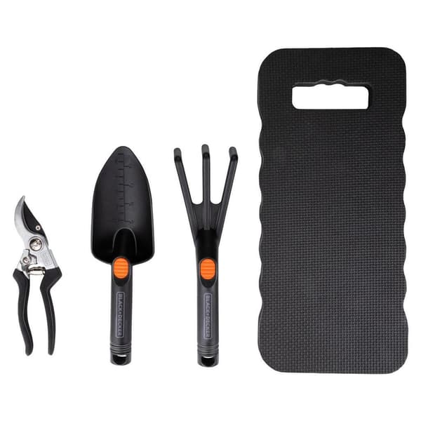 Black&Decker Garden Tool Set 4-Piece with Shovel, Pruning Shears, Fork, Knee Pads