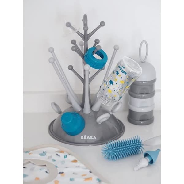 BEABA Newborn Gift Set - Grey Tree Bottle Drying Rack, Measuring Box, Bottle Brush, Bib