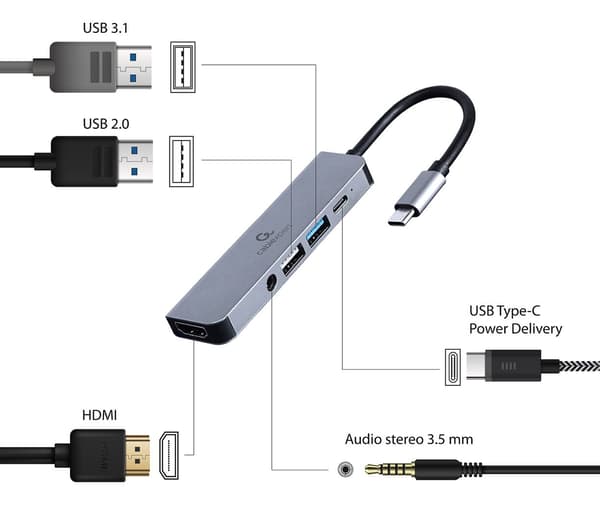 Gembird A-CM-COMBO5-02 - Laptop Dock/Port Replicator - Wired USB 3.2 Gen 1 - Silver