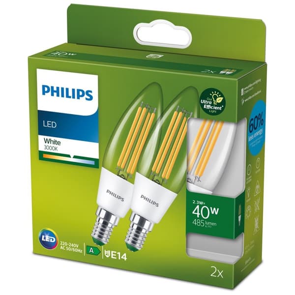 Philips Ultra Efficient LED Candle Bulb 40W E14 White Light 2 Pieces