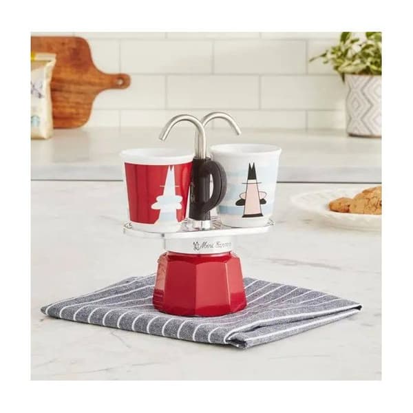 BIALETTI Coffee Maker Set + 2 Cups - MAGRITTE Mini-Espresso - Stainless Steel/ Red