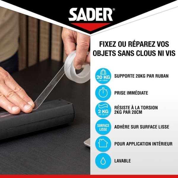 SADER Extra Double-sided Adhesive - Fix Without Drilling - Invisible - Removable/Reusable - Transparent - 1.5 m x 19 mm