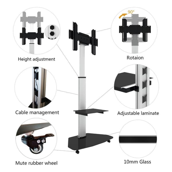 Techly Floor Stand with Shelf for LCD/LED/Plasma 37-70 Silver