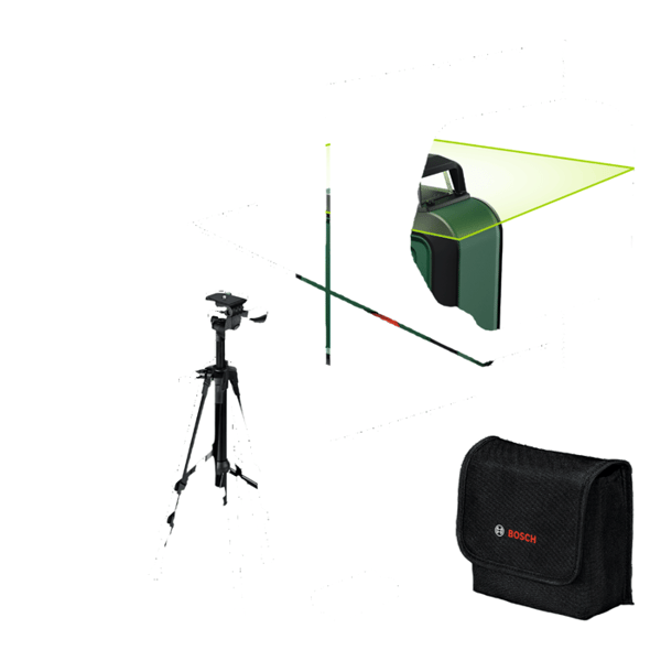 BOSCH PLL 360-1 G Line Laser - Includes TT120 tripod, protective case, user manual, and batteries