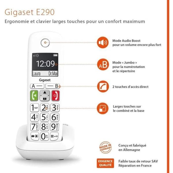 GIGASET E290 Duo Cordless Phone - White - Large Screen, Large Buttons, Audio Boost