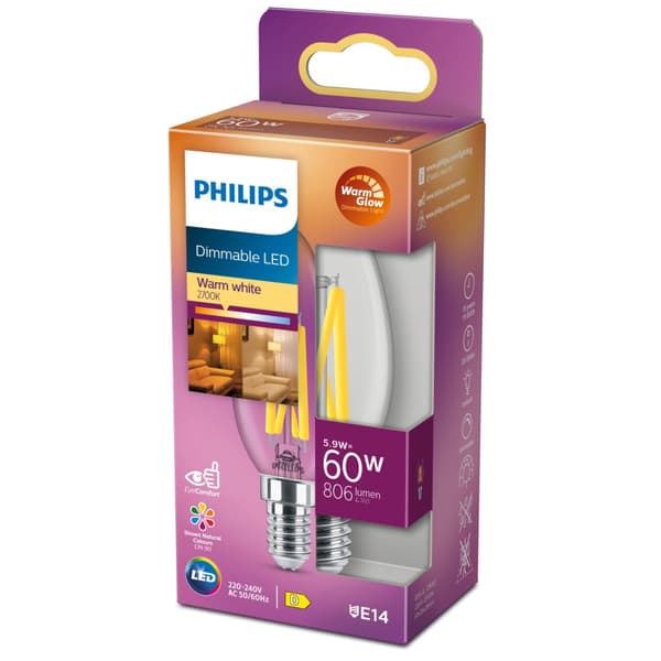 Philips LED Classic 60W B35 E14 Clear Warm Glow WGD90 SRT4