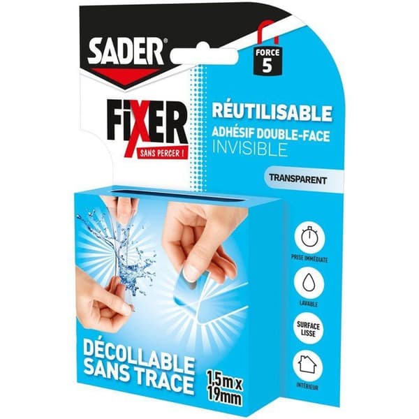 SADER Extra Double-sided Adhesive - Fix Without Drilling - Invisible - Removable/Reusable - Transparent - 1.5 m x 19 mm