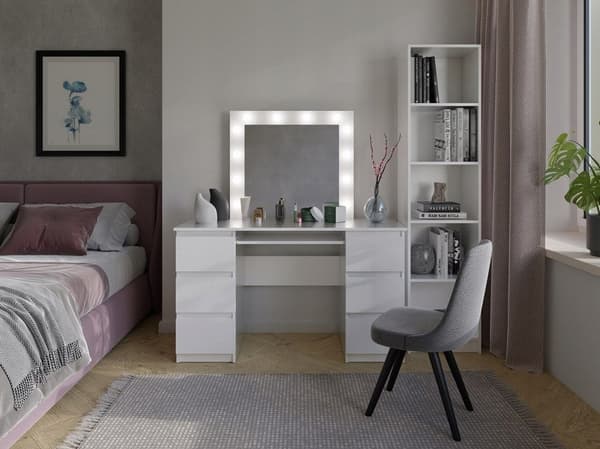 KUBA Desk Set White Matt + MARINA Mirror, Elegant Dressing Table with LED Lighting