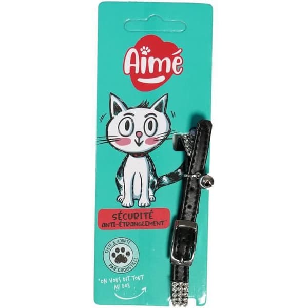 AIMÉ Cat Collar - Adjustable 18-28 cm - Black Nylon with Silver Bell