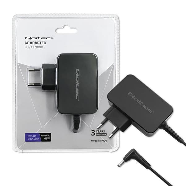 Qoltec 51026 Power Adapter 65W for Lenovo Laptops, Black