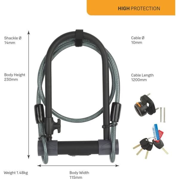 Yale U-Lock with Key and Cable - YUL2C/13/230/1 - Sold Secure Silver Certified