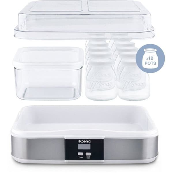 HKoeNIG Yogurt Maker - ELY120 - 12 x 160 ml Jars + 1.2 L Container - Programmable 15 Hours - 15W