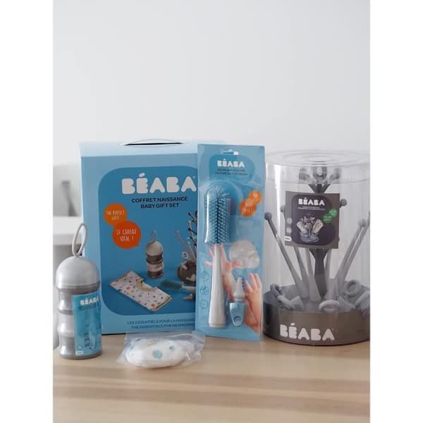 BEABA Newborn Gift Set - Grey Tree Bottle Drying Rack, Measuring Box, Bottle Brush, Bib
