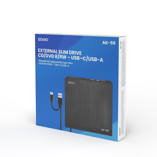 SAVIO AK-59 External Slim CD/DVD Recorder R/RW - USB-C/USB-A Black
