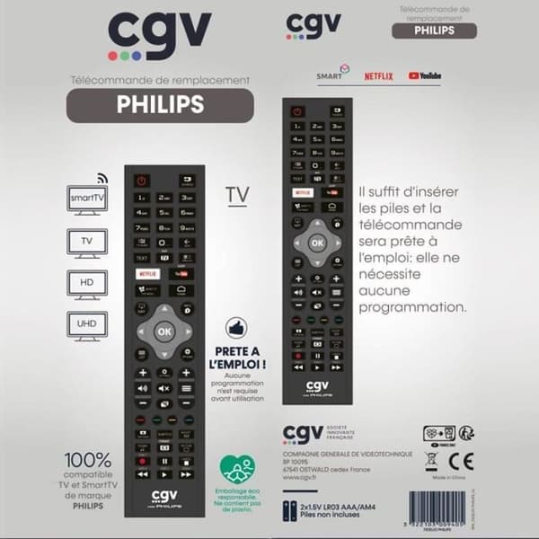 CGV Replacement Remote Control - FIDELIO Philips - For Philips TVs - Ready to Use