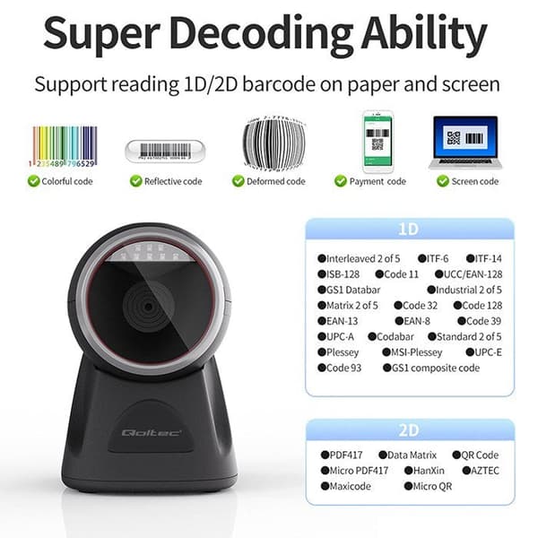 Qoltec Desktop Precision Reader 1D Barcode & QR Scanner 2D