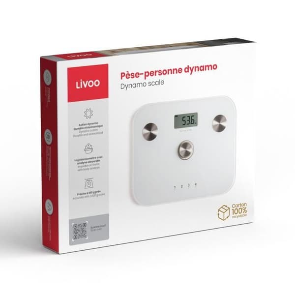 LIVOO Body Composition Scale - DOM465W - Dynamo Powered - 150 kg Max - 6 Indicators - White