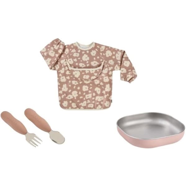 BÉABA 1st Meal Gift Box - Savannah Bloom - Stainless Steel Plate, Ergonomic Spoon, Fork, Bib, Keepsake Box