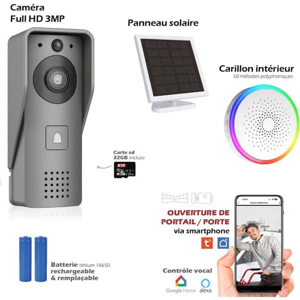 KYF Video Doorbell - Wi-Fi - Rechargeable with Solar Panel