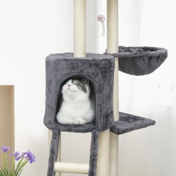 JIPSY Cat Tree - 79 x 34 x 138 cm - Grey - 3 Platforms, 1 Perch, 1 Hideaway, 1 Staircase, Scratching Posts