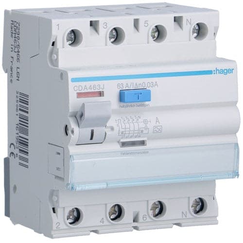 Hager CDA463J Electrical Enclosure Accessory 63A 4P Differential Circuit Breaker