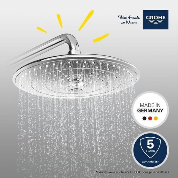 GROHE Vitalio Joy 260 Overhead Shower - 3 Spray Patterns - Chrome Finish - 1/2" Threaded Connections
